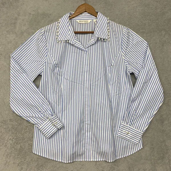 BEAUTIFUL by Lawrence Zarian Shirt Womens Medium Blue Stripe Pearl Button Top - Image 3