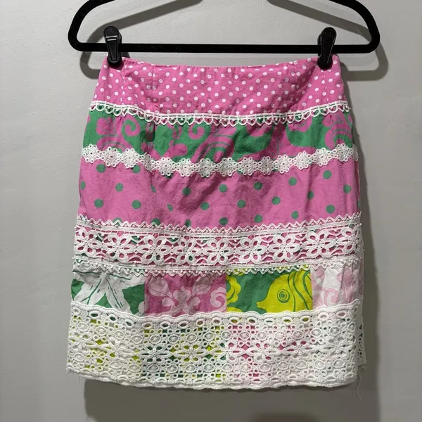 Lilly Pulitzer Multicolor Floral PrintPolka Dot Lace Trim‎ Cotton Skirt 8 Pink - Image 2