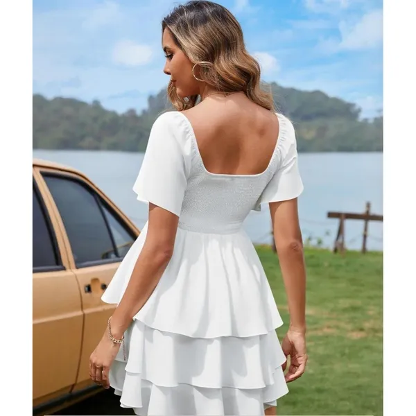 NEW Florboom Women’s Sweetheart Neckline Dress Smocked Tiered Skirt White size L - Image 3