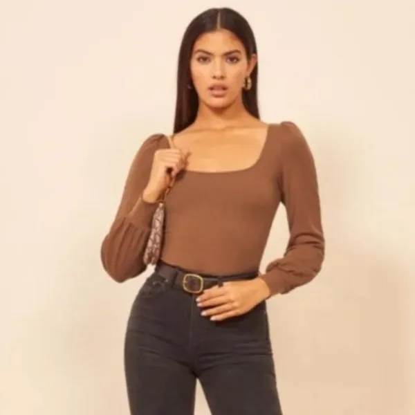 Reformation vita ribbed long sleeve top in brown toffee - Image 2