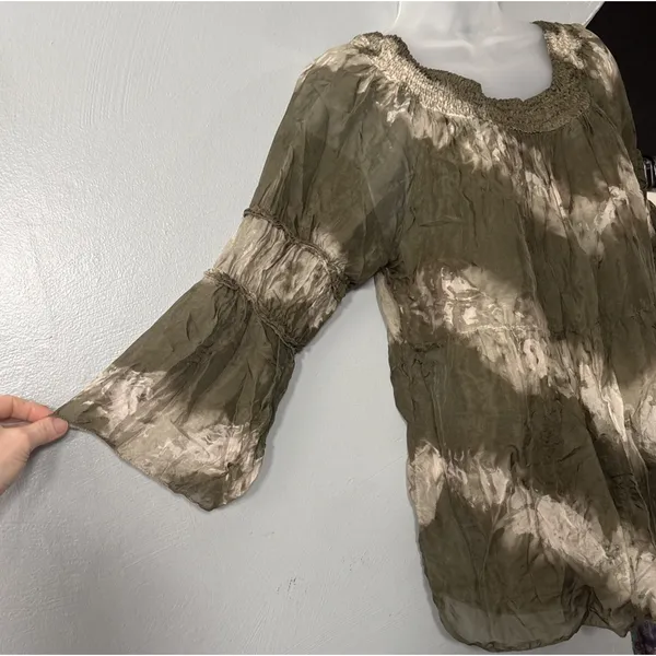 Tempo Paris Silk Peasant Top Size S M Green Tie Dye Fairy Grunge Artsy Ren Faire - Image 2
