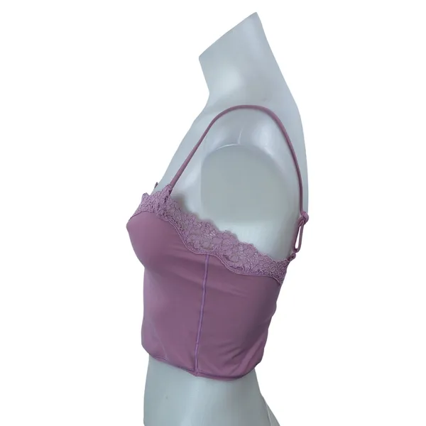 Skims Pink Floral Lace Trim Sleeveless Square Neck Cami Tank Crop Top Size M - Image 2