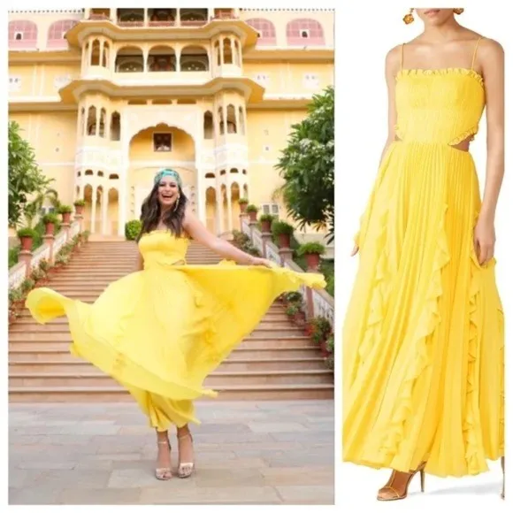 AMUR Maxi Dress Womens 6 Yellow‎ Pleated Cut-Out Ruffle Silk Chiffon Gown - Image 3