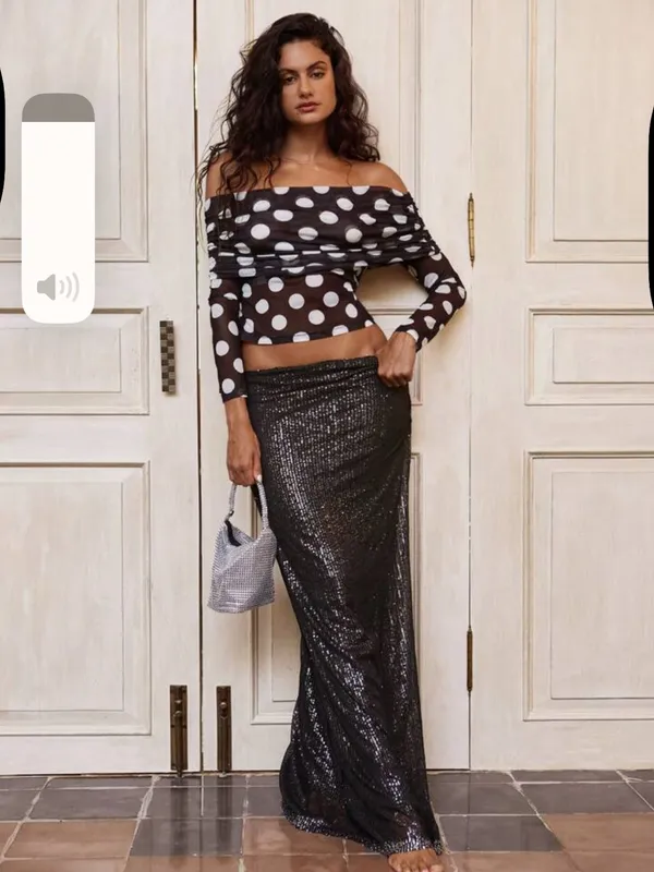 SHEIN Black & White Opulessy Polka Dot Off-Shoulder Crop Top - Image 4