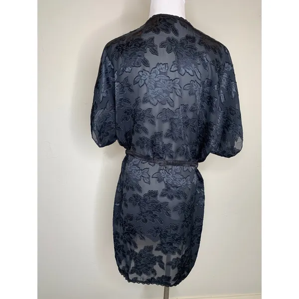 Vintage Black Satin Robe Floral Semisheer Fabric Sz Medium Dressing Gown - Image 3