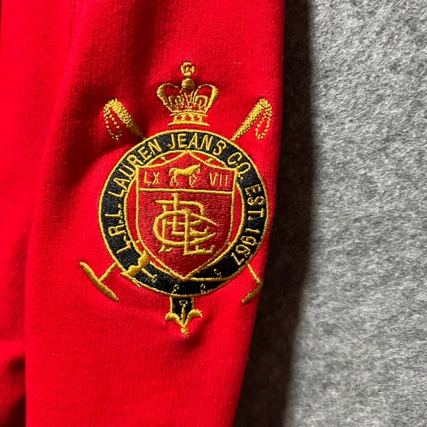 Lauren Ralph Lauren Red Asymmetrical Button Hoodie Crest Sleeve‎ Womens L Y2K - Image 10