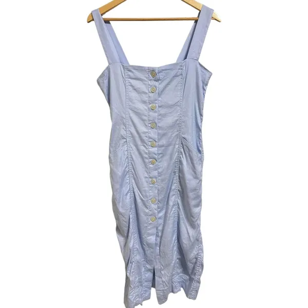 Babaton Blue Linen Blend Button Front Smocked Midi Dress Size‎ 6 Summer Coastal - Image 2