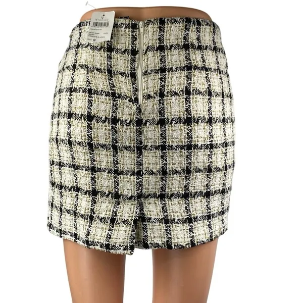 NEW Windsor Ivory Black Gold Metallic Tweed Plaid Mini Pencil Skirt Size S - Image 3