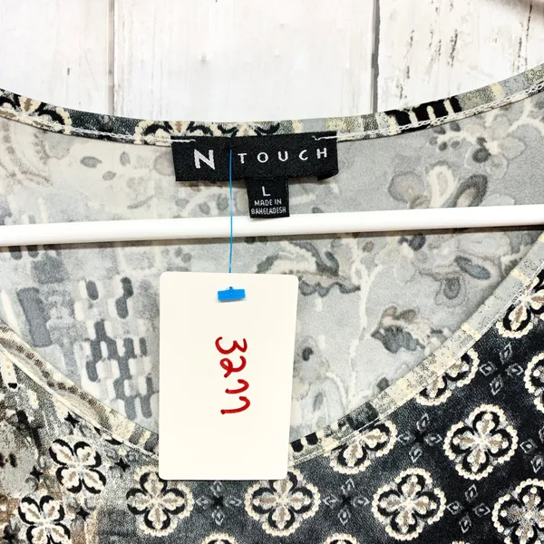 N Touch Patchwork Print Tunic Womens Size L Brown Grey 3/4‎ Sleeve Knit Top - Image 6