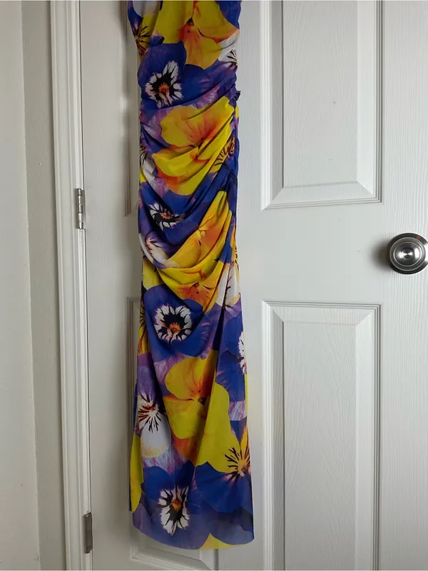 Zara Vibrant Floral Print Mesh Maxi Dress Criss Cross Open Back S - Image 4