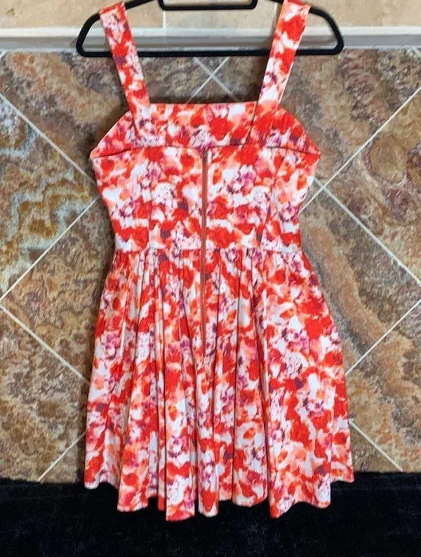 CHELSEA28 Fit & Flare Cotton Minidress in Orange Blue Blushed Blooms Medium - Image 4