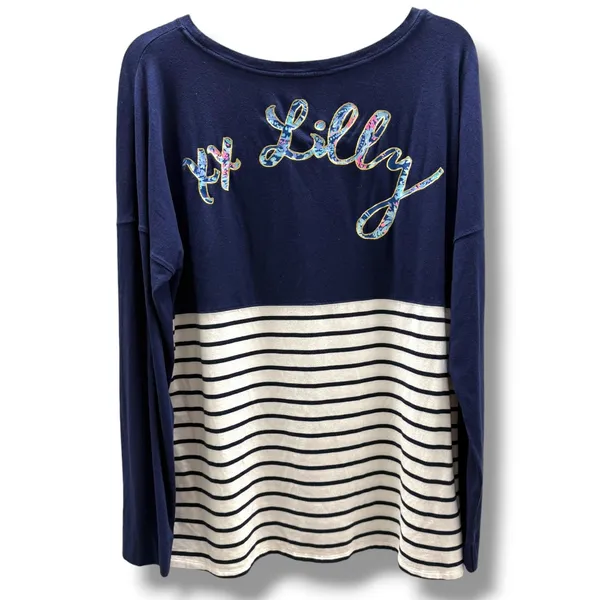 Lilly Pulitzer Finn Top Navy White Striped Lobster‎ Graphic Long Sleeve Shirt L - Image 3
