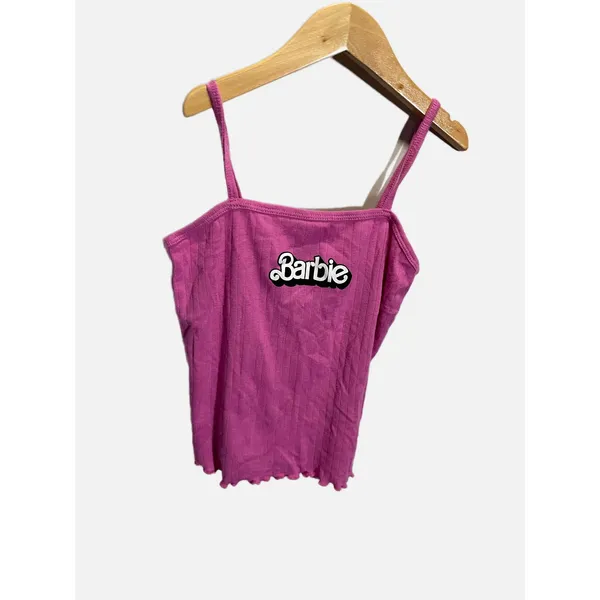 Barbie‎ Camisole Women Medium Pink Ribbed Lettuce Hem Y2K Barbiecore Tank Top - Image 2
