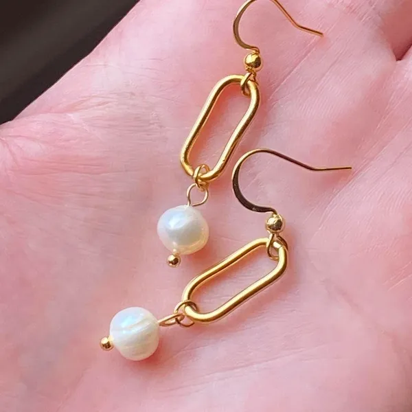 Handmade gold tone stainless steel natural shell pearls chic fairy boho vintage style dangle earrings💖 - Image 6
