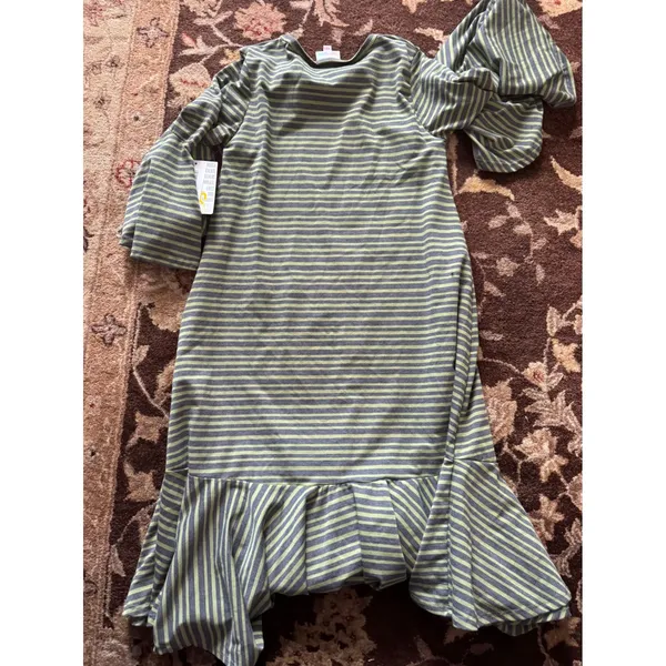 LuLaRoe Carly Dress XXS Green Grey Striped Bell Sleeve Ruffle Hem New With Tags - Image 4