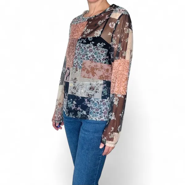 Colorful Floral Patchwork Boho Sheer Long Sleeve Shirt - Image 2