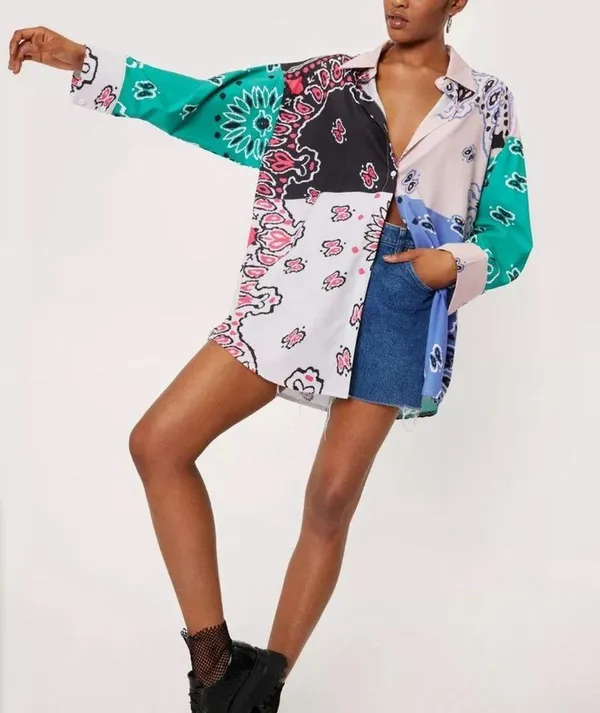 Nasty Gal | Oversized Bandana Print Satin Shirt Size S - Image 4