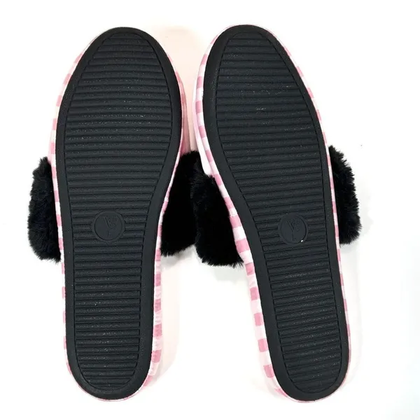 Victoria's Secret Faux Fur Trim Striped Slippers Pink Black‎ Large - Image 8