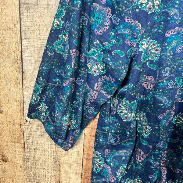 Blue Purple Paisley Peasant Blouse 3/4 Sleeve Boho Top Cottagecore Elastic Hem - Image 3