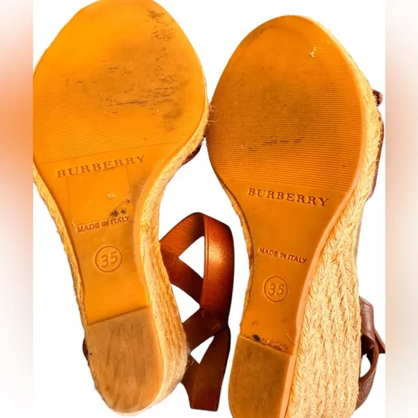 Burberry Tan Leather Check Canvas Espadrille Wedge Sandals EU 35 Italy GUC FLAW - Image 12