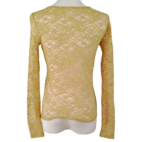 Anthropologie Mustard Yellow Sheer Lace Long Sleeve Top Shirt XS - Image 3