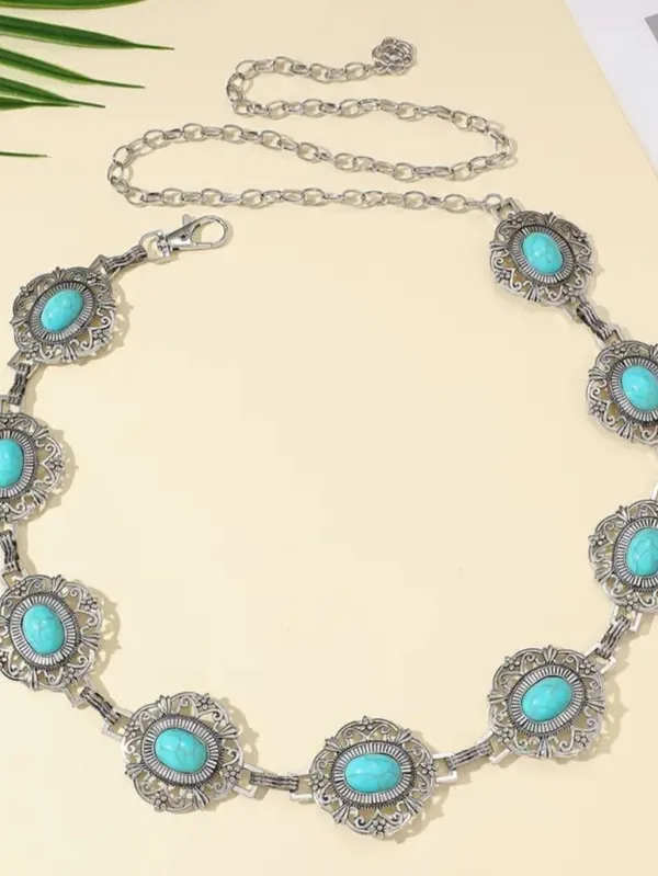 Turquoise Stone Waist Chain Belt - Boho Metal Link Design Fashion Accessories - Image 6