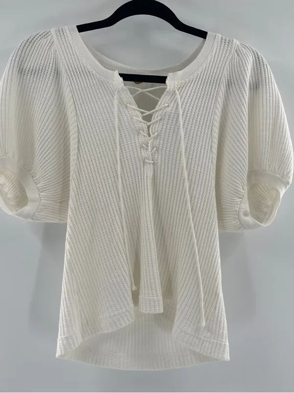 Free People Ivory Lace-Up Ribbed Short Sleeve Top - Image 2