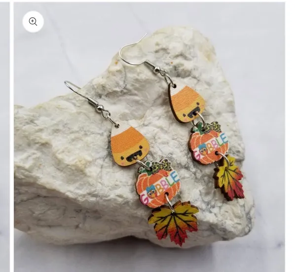 GOBBLE Pumpkin & Maple Leaves Wood Earrings - Image 2