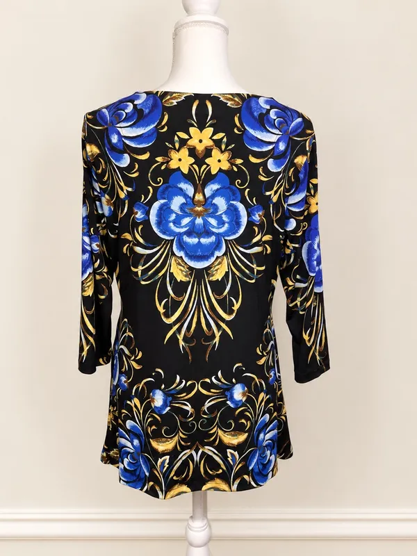 JM Collection Floral Rhinestone Keyhole Tunic Top M Black Blue Gold Floral Glam - Image 5