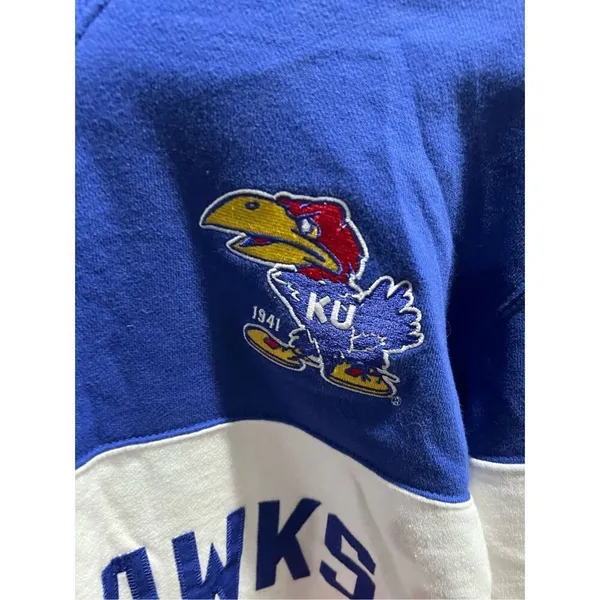 CHAMPION KANSAS JAYHAWKS BLUE BLOCKED LONG SLEEVE CREW SWEATSHIRT cropped Small - Image 3