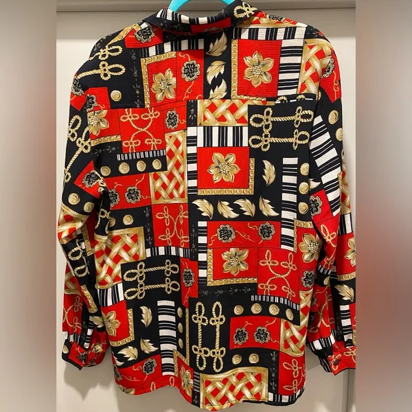 Vintage 80s EHL Red & Black Patterned Long-Sleeve Button-Up Blouse Top - Image 5