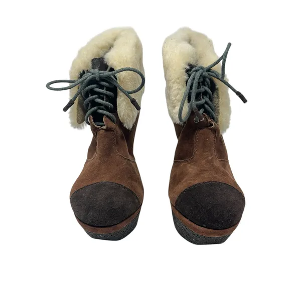 L.A.M.B Pier Booties Suede Shearling Platform‎ Boots High Heels Brown Size US 8 - Image 3
