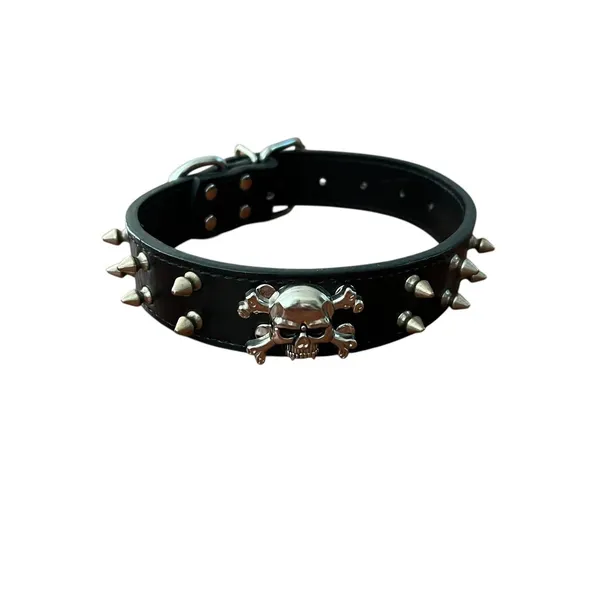 Source Unknown Black Faux Leather Skull Spiked Choker Collar Necklace Gothic Punk Biker 20 In - Image 2