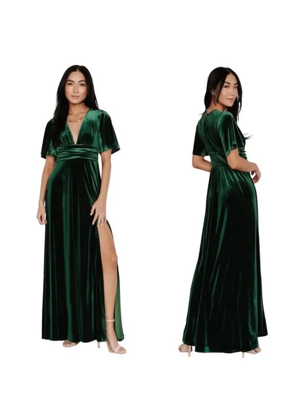 Baltic Born Deep Green V Neck Velvet Maxi Dress Side Slit Size Small kelly - Image 9