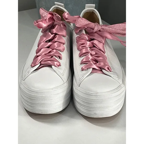 Keds‎ White Platform Sneakers Women's Size 7 Pink Satin Ribbon Laces - Image 7