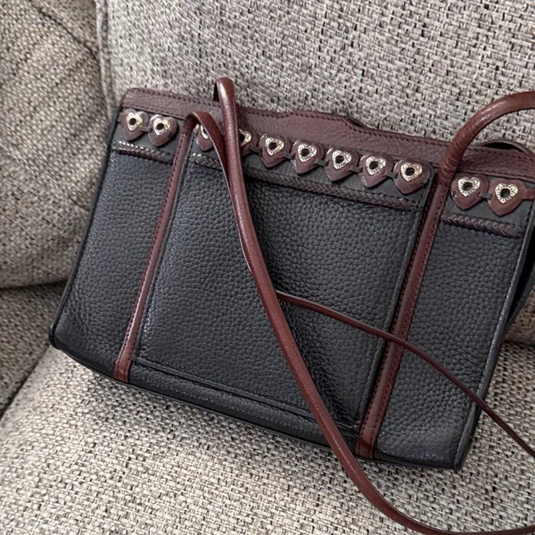 Black Leather Brighton Jagger Purse Silver Heart Details Great Condition Y2K VTG - Image 8