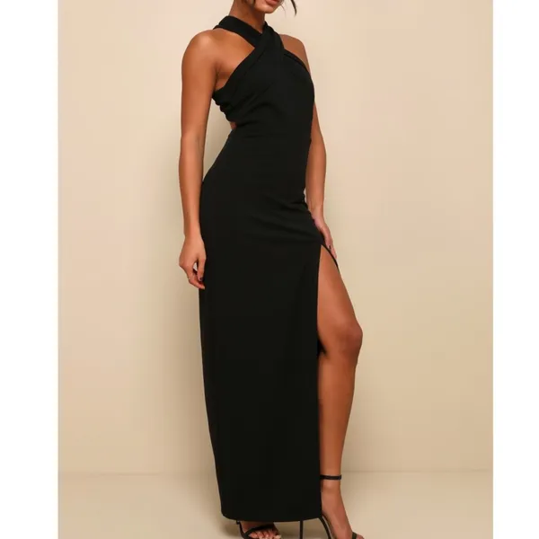 NEW Lulus Head to Cocktail Hour Black Halter Neck Open Back Maxi Dress Small - Image 3