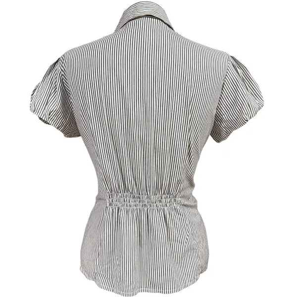 Poplin M Striped‎ Bow Waist Puff Sleeve Buttoned Blouse Frenchgirl Coquette - Image 5