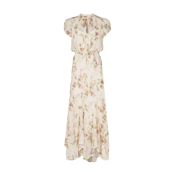 Polo Ralph Lauren Ivory Garden Floral Print Tie Neck Chiffon Maxi Dress Size XS - Image 5