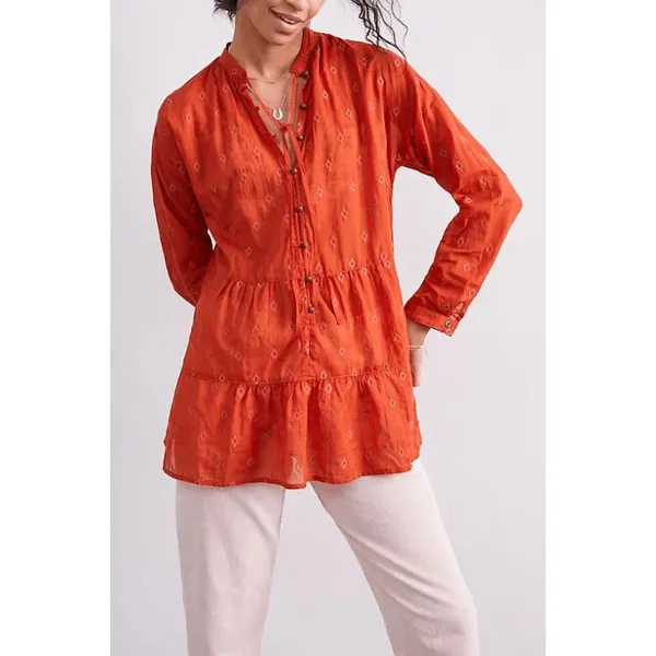 Free People Pilcro Anthropologie Rust Orange Tiered Tunic Blouse Embroidered Boho Cotton - Image 2