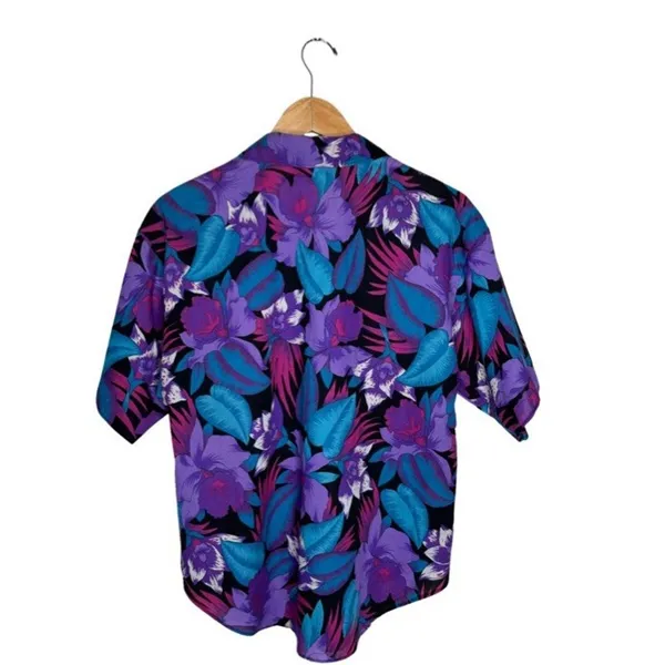 Caribou Button Up Hawaiian Size 12 Woman's Y2K Blue Purple Black Cotton Blend - Image 5
