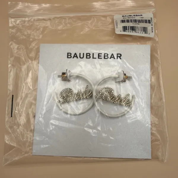 BaubleBar Bride White Enamel Pavé Crystal Script Hoop Earrings Wedding Jewelry‎ - Image 8
