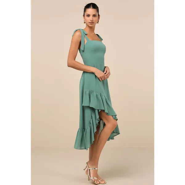 Lulus Tamryn Dark Sage Asymmetrical Ruffled Midi Dress Dance Bridesmaid Medium - Image 7