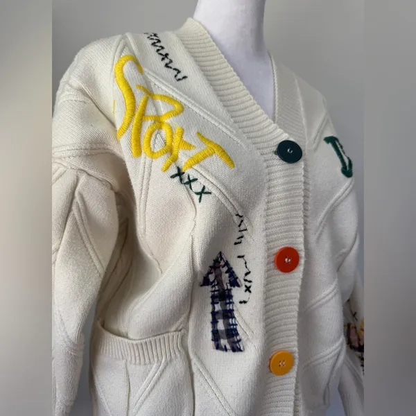 Retro Multicolored Chunky Cable Knit Button Front Cardigan Sweater - Image 9