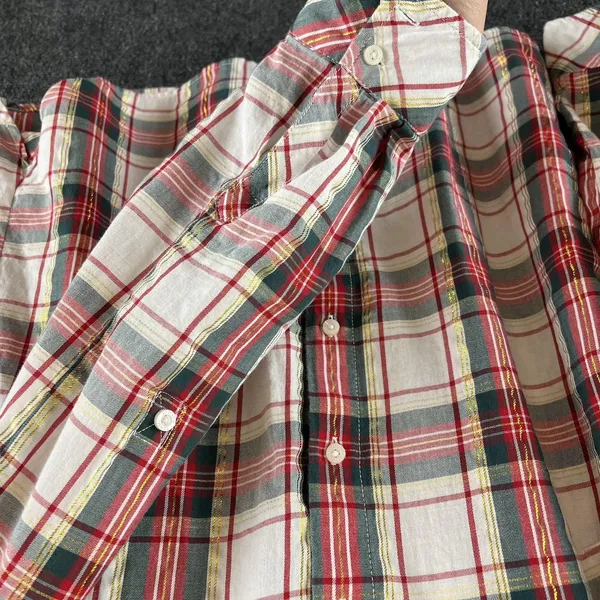 Tommy Hilfiger Women's Red Green Plaid Metallic Thread Roll-Tab Shirt Size M - Image 10