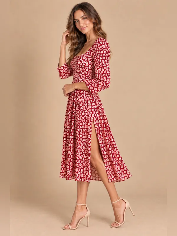 Reformation Red Ivory Floral Square Neck 3/4 Sleeve Midi Dress Size 0 Boho Style - Image 4