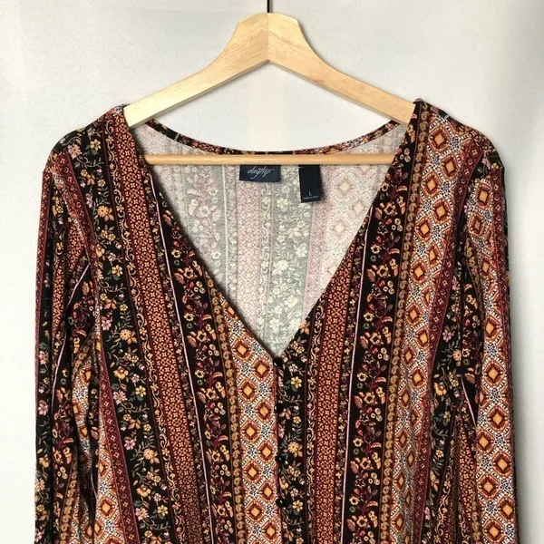 Daytrip Boho Button Down Floral V-Neck Flowy Long‎ Sleeve Top L - Image 3