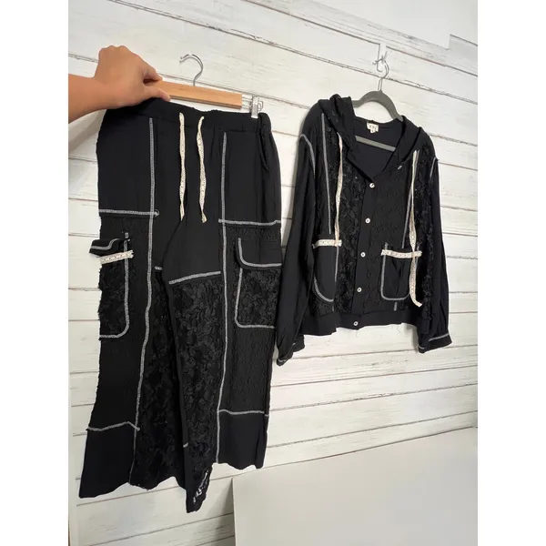 POL Black Lace Mixed Media Utility 2 Piece Matching Set Jacket Pants Small - Image 2