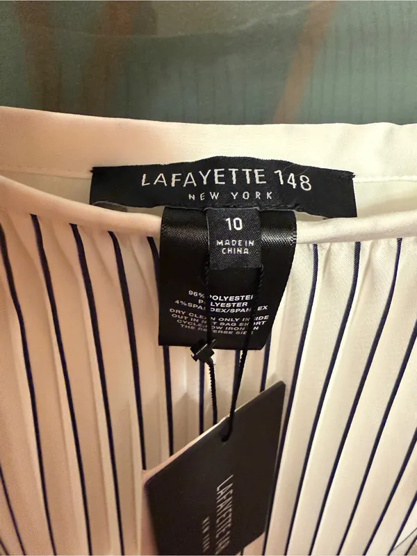 Lafayette 148 New York Off White Pleated Lined Full Length Black Pinstripe Skirt - Image 3
