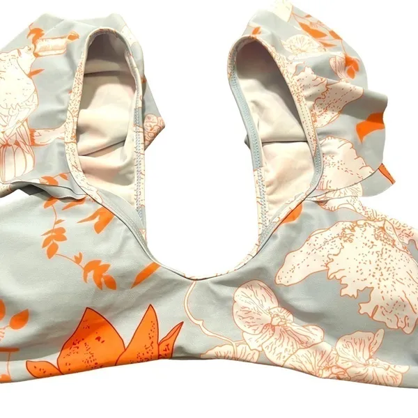 Womens Size Medium Bikini Top Light Blue White Orange Floral Birds Ruffle Straps - Image 4